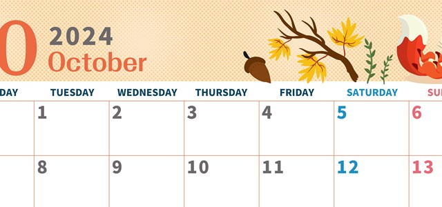 2024年10月横型の月曜始まり 秋のイラストがかわいいA4無料カレンダー