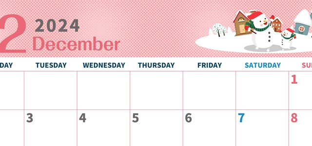 2024年12月横型の月曜始まり 雪景色イラストのかわいいA4無料カレンダー