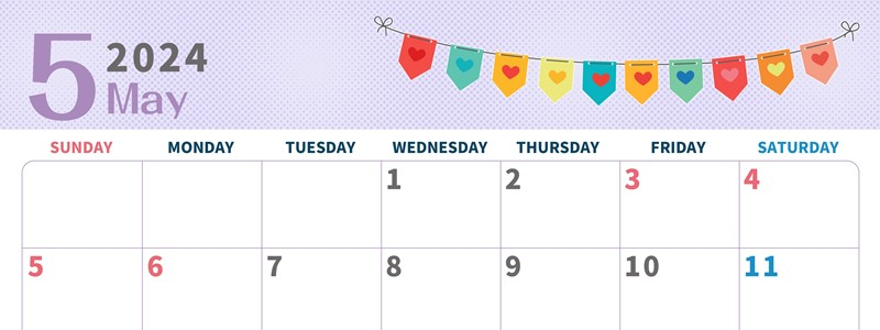 2024年5月横型の日曜始まり 旗のイラストのかわいいA4無料カレンダー