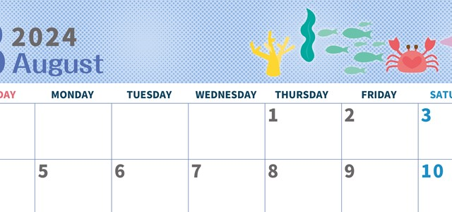 2024年8月横型の日曜始まり 水族館イラストのかわいいA4無料カレンダー