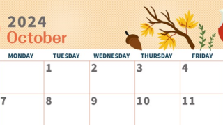 2024年10月横型の日曜始まり 秋のイラストがかわいいA4無料カレンダー