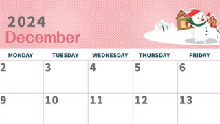 2024年12月横型の日曜始まり 雪景色イラストのかわいいA4無料カレンダー