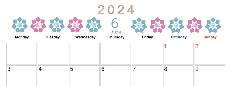 2024年6月横型の月曜始まり あじさいイラストのかわいいA4無料カレンダー