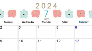 2024年7月横型の月曜始まり 花のイラストがかわいいA4無料カレンダー