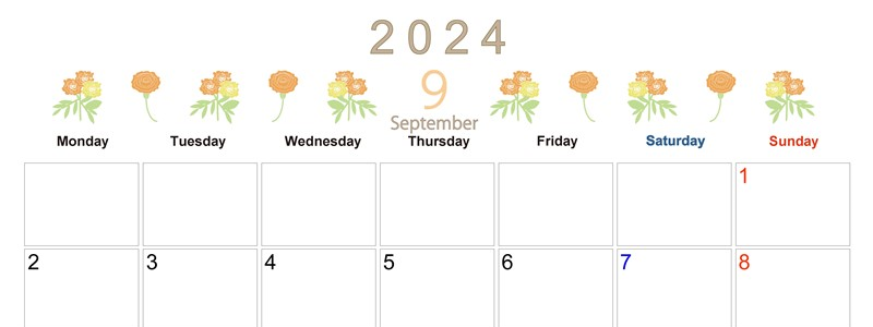 2024年9月横型の月曜始まり 花イラストのかわいいA4無料カレンダー