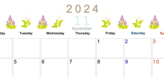 2024年11月横型の月曜始まり 花イラストのかわいいA4無料カレンダー