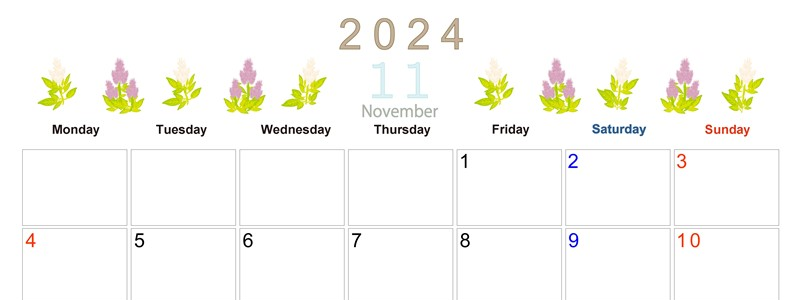 2024年11月横型の月曜始まり 花イラストのかわいいA4無料カレンダー