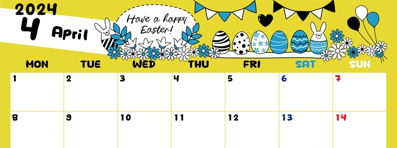 2024年4月横型の月曜始まり イースターエッグイラストのかわいいA4無料カレンダー