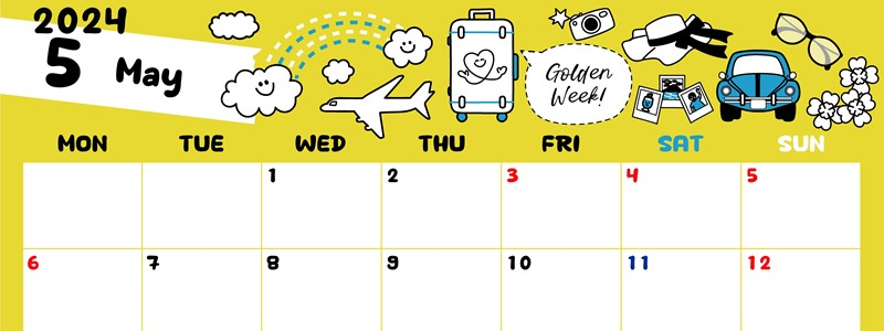 2024年5月横型の月曜始まり GWイラストのかわいいA4無料カレンダー