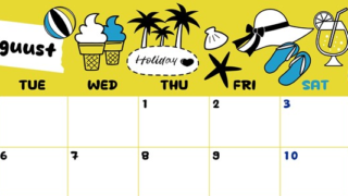 2024年8月横型の月曜始まり 海岸イラストのかわいいA4無料カレンダー