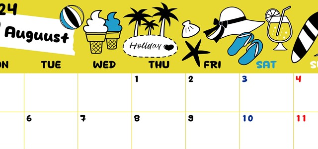 2024年8月横型の月曜始まり 海岸イラストのかわいいA4無料カレンダー