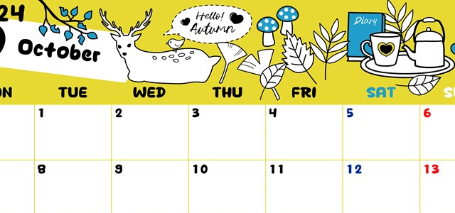 2024年10月横型の月曜始まり 鹿のイラストがかわいいA4無料カレンダー