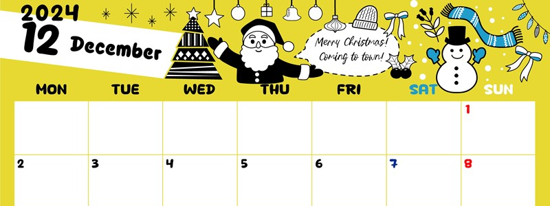 2024年12月横型の月曜始まり サンタのイラストがかわいいA4無料カレンダー