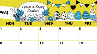 2024年4月横型の日曜始まり イースターエッグイラストのかわいいA4無料カレンダー