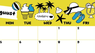 2024年8月横型の日曜始まり 海岸イラストのかわいいA4無料カレンダー