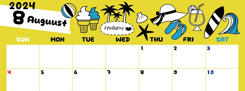 2024年8月横型の日曜始まり 海岸イラストのかわいいA4無料カレンダー