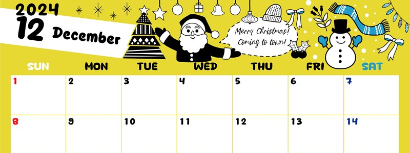 2024年12月横型の日曜始まり サンタのイラストがかわいいA4無料カレンダー