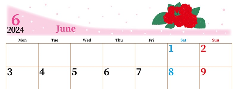 2024年6月横型の月曜始まり 薔薇イラストのおしゃれA4無料カレンダー