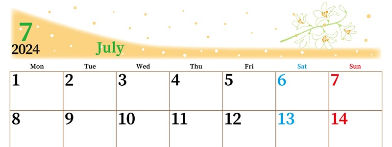 2024年7月横型の月曜始まり 白ユリのイラストがおしゃれなA4無料カレンダー