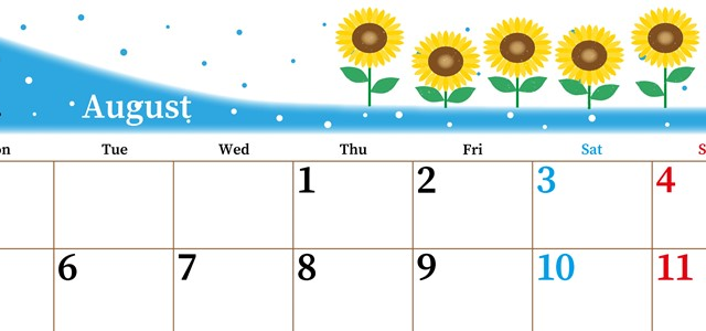 2024年8月横型の月曜始まり 季節の花イラストのおしゃれA4無料カレンダー