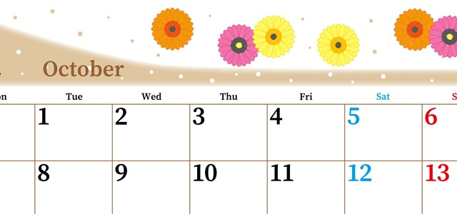 2024年10月横型の月曜始まり ダリアの花イラストのおしゃれA4無料カレンダー
