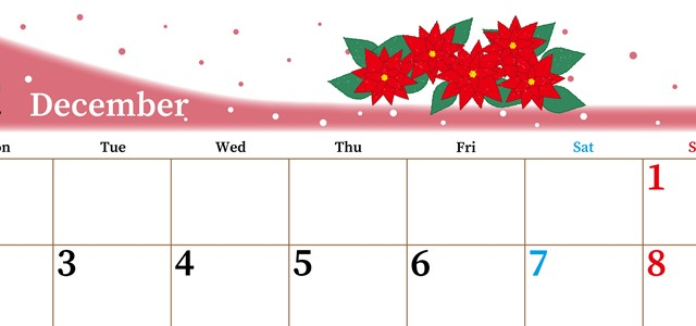 2024年12月横型の月曜始まり ポインセチアがおしゃれなイラストA4無料カレンダー