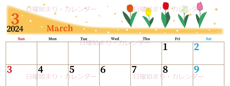 2024年3月横型の日曜始まり チューリップイラストのおしゃれカレンダー