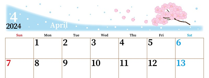 2024年4月横型の日曜始まり 春のイラストのおしゃれA4無料カレンダー