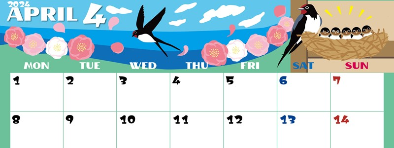 2024年4月横型の月曜始まり ツバメのイラストがかわいいA4無料カレンダー