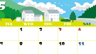 2024年5月横型の月曜始まり 村のイラストのかわいいA4無料カレンダー