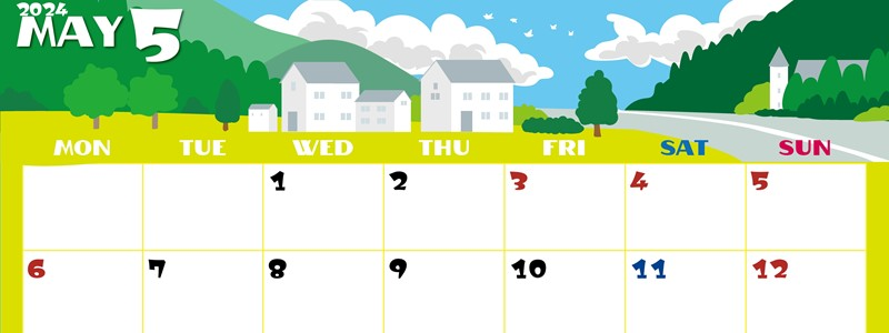 2024年5月横型の月曜始まり 村のイラストのかわいいA4無料カレンダー