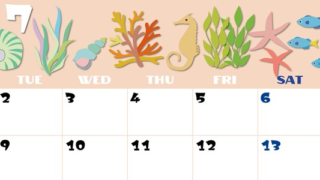 2024年7月横型の月曜始まり 海の生き物イラストがかわいいA4無料カレンダー