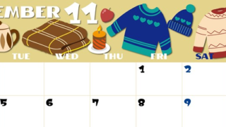 2024年11月横型の月曜始まり セーターがかわいいイラストA4無料カレンダー