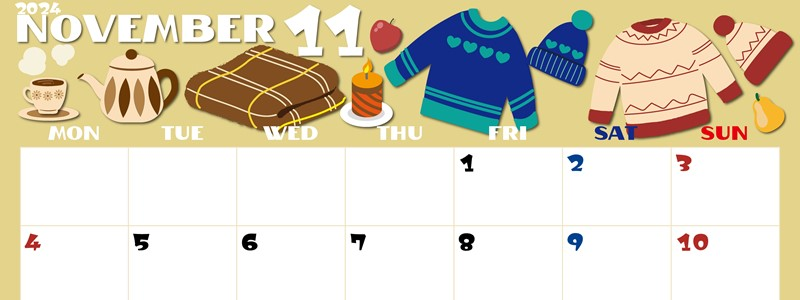 2024年11月横型の月曜始まり セーターがかわいいイラストA4無料カレンダー