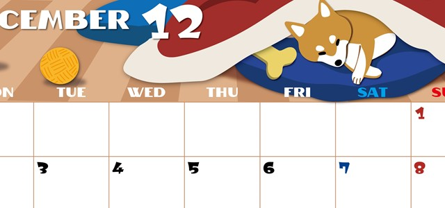 2024年12月横型の月曜始まり 柴犬イラストのかわいいA4無料カレンダー