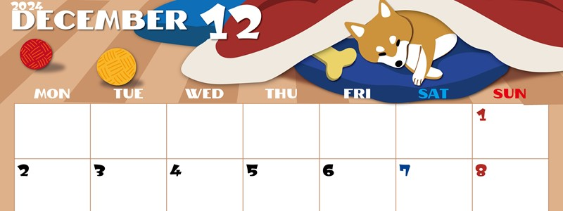 2024年12月横型の月曜始まり 柴犬イラストのかわいいA4無料カレンダー