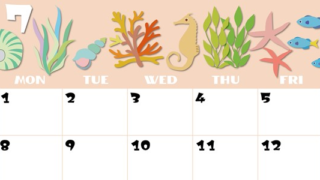 2024年7月横型の日曜始まり 海の生き物イラストがかわいいA4無料カレンダー