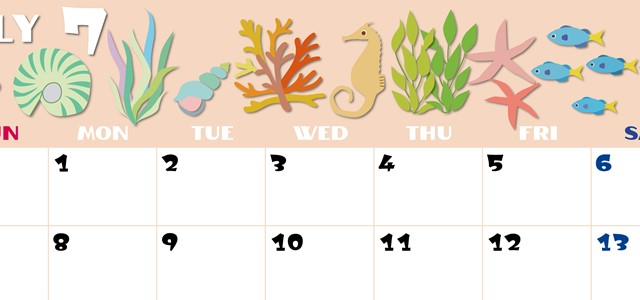 2024年7月横型の日曜始まり 海の生き物イラストがかわいいA4無料カレンダー