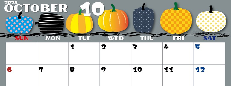 2024年10月横型の日曜始まり パンプキンがかわいいイラストA4無料カレンダー