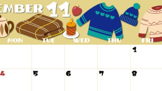 2024年11月横型の日曜始まり セーターがかわいいイラストA4無料カレンダー