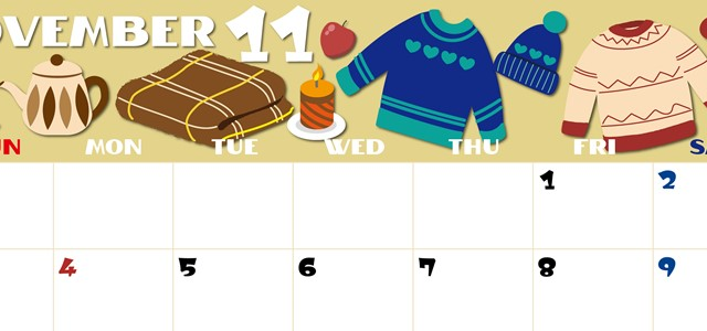 2024年11月横型の日曜始まり セーターがかわいいイラストA4無料カレンダー