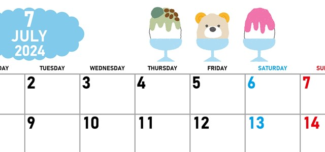 2024年7月横型の月曜始まり かき氷イラストのかわいいA4無料カレンダー