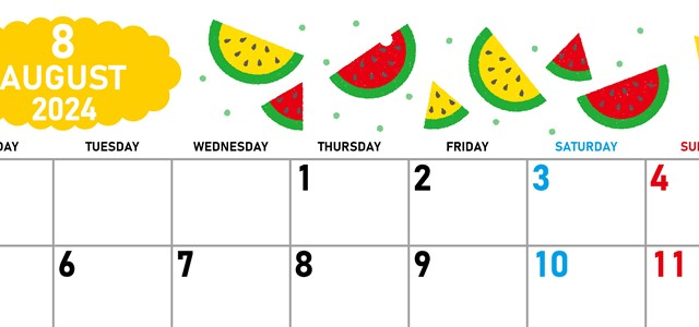 2024年8月横型の月曜始まり 季節の果物イラストのかわいいA4無料カレンダー