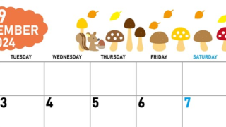 2024年9月横型の月曜始まり 秋の季節イラストがかわいいA4無料カレンダー