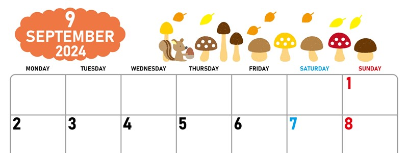 2024年9月横型の月曜始まり 秋の季節イラストがかわいいA4無料カレンダー