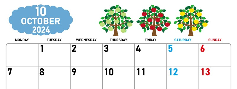 2024年10月横型の月曜始まり リンゴの木イラストのかわいいA4無料カレンダー