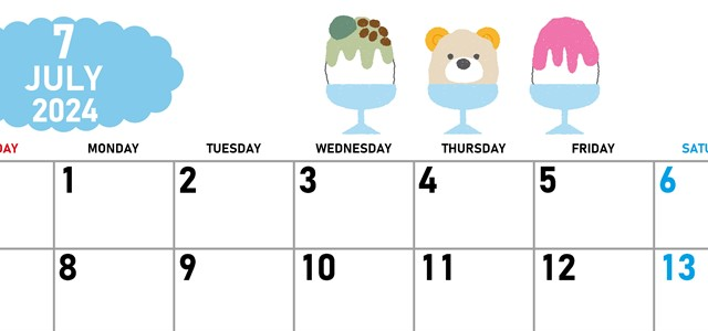 2024年7月横型の日曜始まり かき氷イラストのかわいいA4無料カレンダー