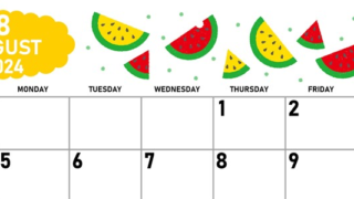 2024年8月横型の日曜始まり 季節の果物イラストのかわいいA4無料カレンダー
