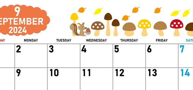 2024年9月横型の日曜始まり 秋の季節イラストがかわいいA4無料カレンダー