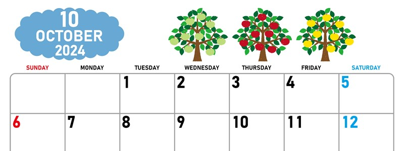 2024年10月横型の日曜始まり リンゴの木イラストのかわいいA4無料カレンダー